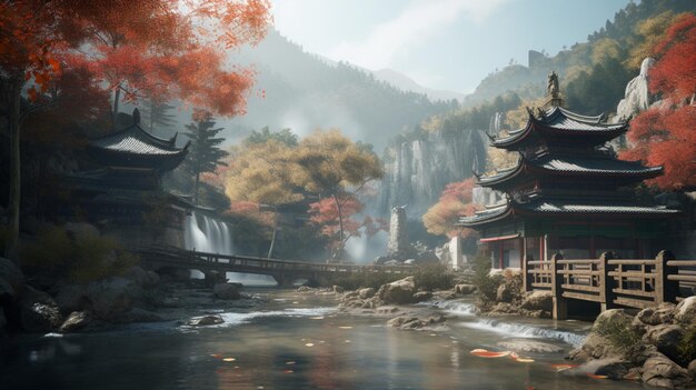 Un dipinto digitale di un tempio cinese in una foresta con una cascata sullo sfondo.
