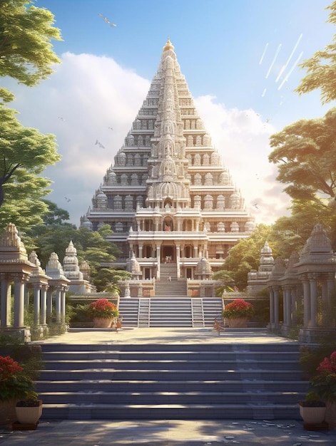 un dipinto digitale di un tempio con alberi sullo sfondo