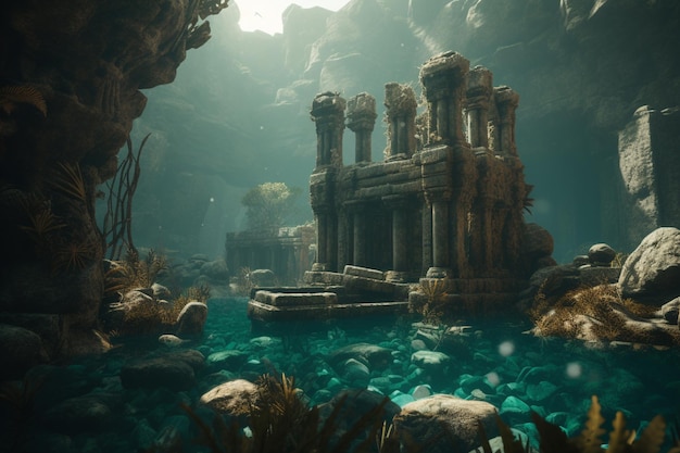 Un dipinto digitale di un tempio sommerso in un ambiente subacqueo.
