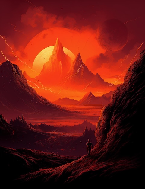 Un dipinto digitale di un uomo che cammina davanti a una montagna con un cielo rosso e il sole alle spalle.