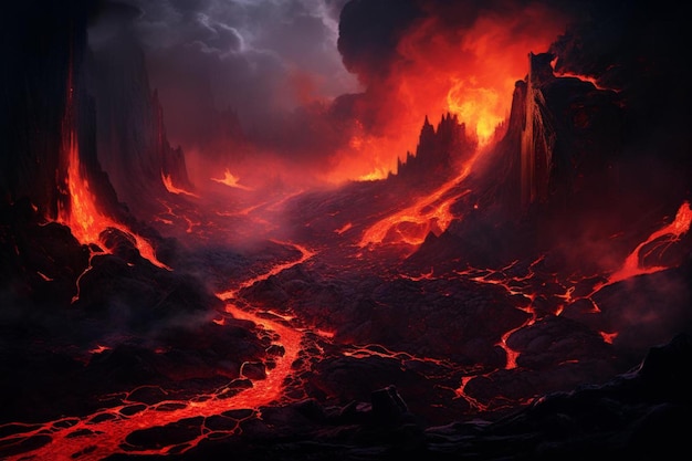 un dipinto digitale di un vulcano con un flusso di lava rossa.