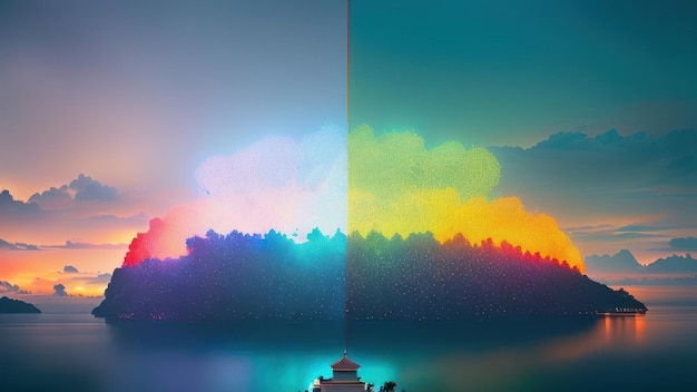 Un dipinto digitale di una barca su un lago con uno sfondo di cielo e la parola "tramonto" in basso a destra.