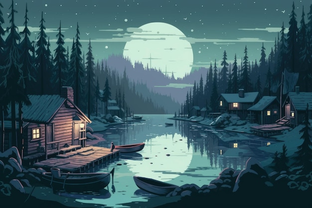Un dipinto digitale di una casa in riva al lago con una luna alle spalle