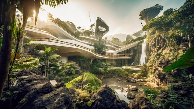 Un dipinto digitale di una cascata in una foresta con una cascata e un edificio con sopra la parola giungla.