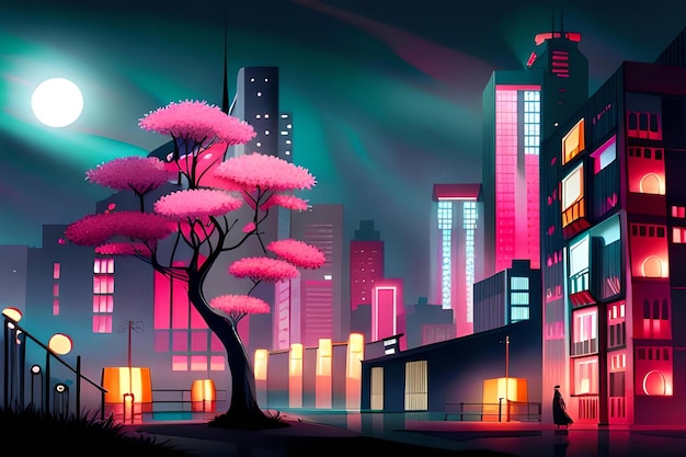 Un dipinto digitale di una città con davanti un albero rosa.