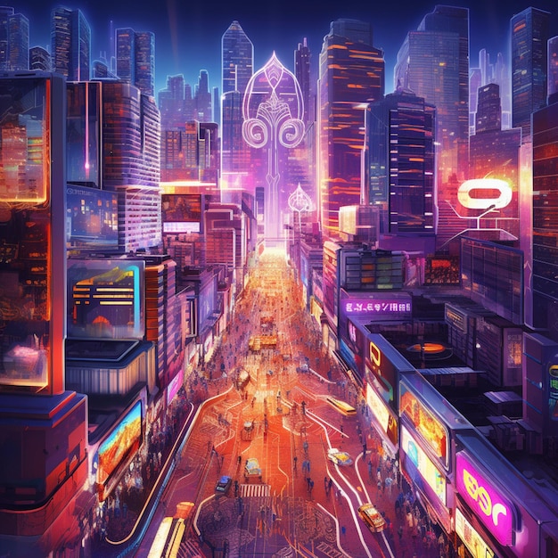 Un dipinto digitale di una città con insegne al neon che dicono "cyberpunk"