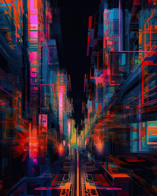 Un dipinto digitale di una città con luci al neon e uno sfondo blu e rosso.