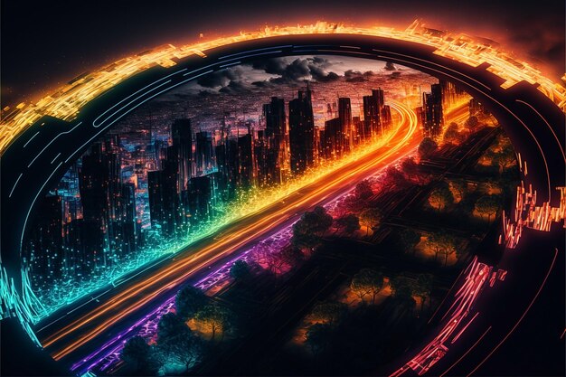 Un dipinto digitale di una città con una città al neon sullo sfondo