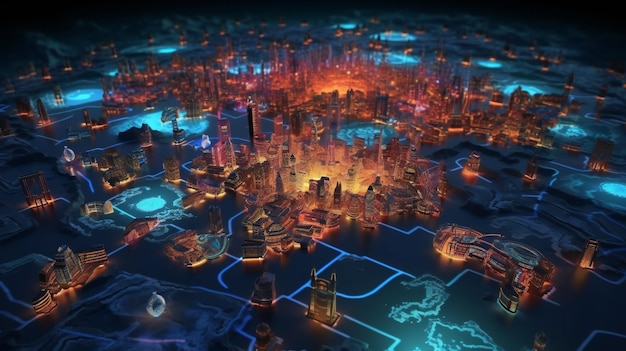Un dipinto digitale di una città con una luce blu che dice "città delle luci"