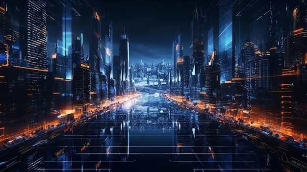 Un dipinto digitale di una città con uno sfondo blu e il testo cyberpunk