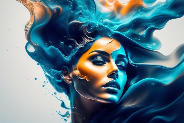 Un dipinto digitale di una donna con i capelli blu e arancioni e schizzi di vernice blu e arancione.