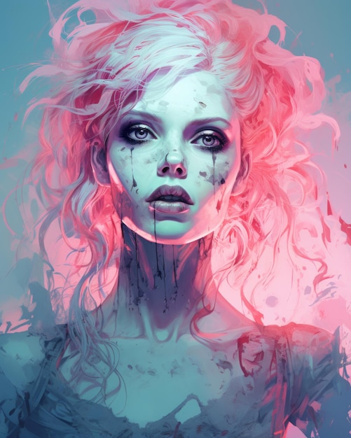 un dipinto digitale di una donna con i capelli rosa