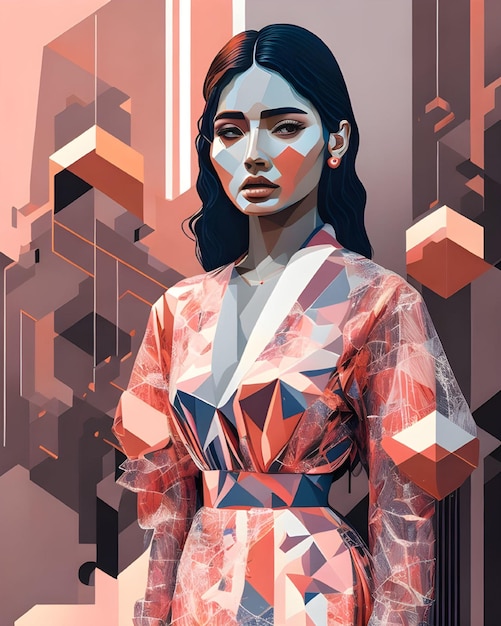 Un dipinto digitale di una donna con un abito rosa con un motivo geometrico.