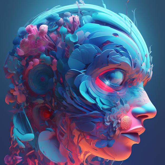 Un dipinto digitale di una donna con un viso e dei fiori sopra.