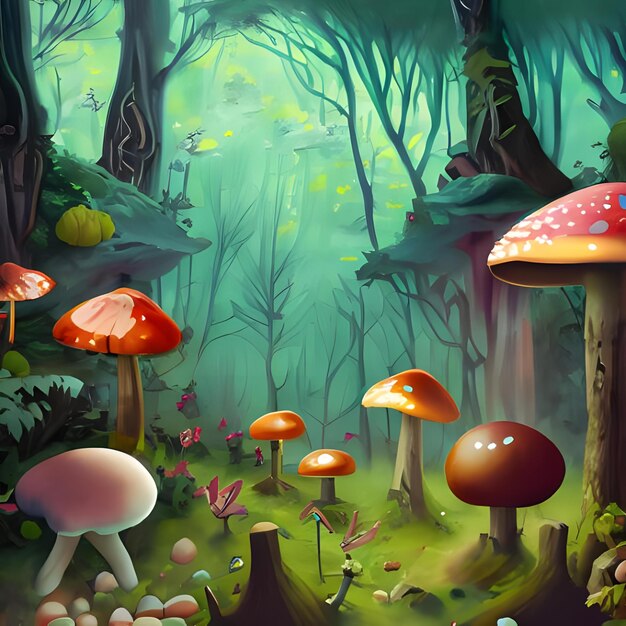 Un dipinto digitale di una foresta con animali e funghi 2