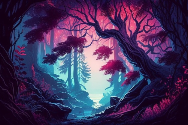 Un dipinto digitale di una foresta con uno sfondo rosa e blu.