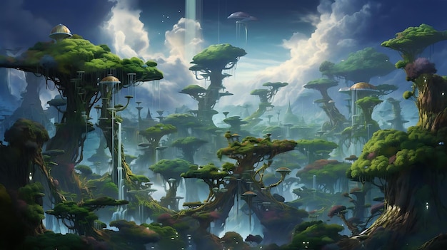 Un dipinto digitale di una giungla con un tronco d'albero e una cascata sullo sfondo
