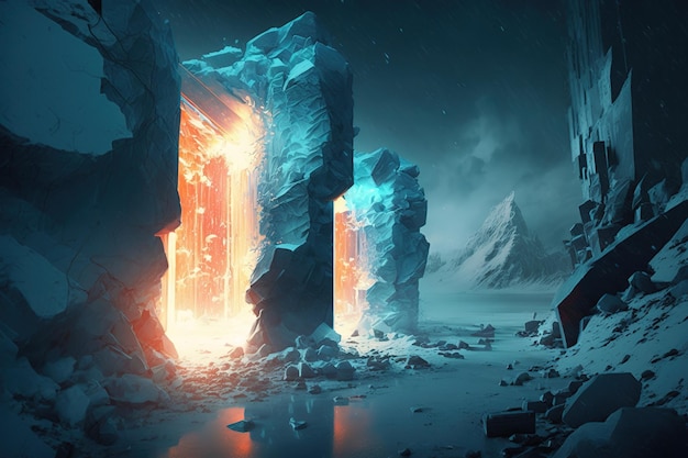 Un dipinto digitale di una grotta di ghiaccio con una luce brillante e una porta che dice ghiaccio.