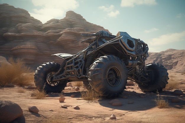 Un dipinto digitale di una monster bike nel deserto.