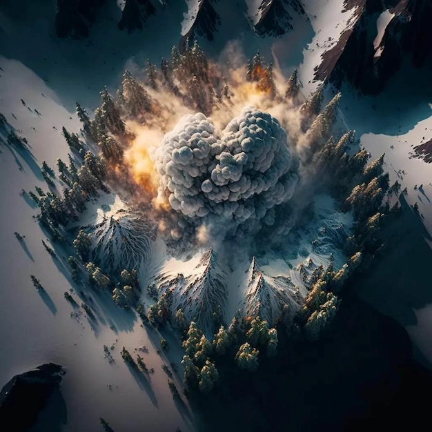 Un dipinto digitale di una montagna con un'esplosione di fumo e una montagna con alberi e montagne sullo sfondo.
