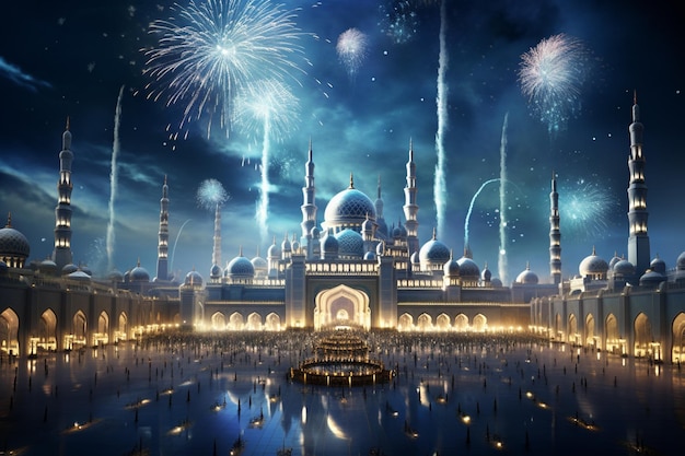 Un dipinto digitale di una moschea con fuochi d'artificio sullo sfondo