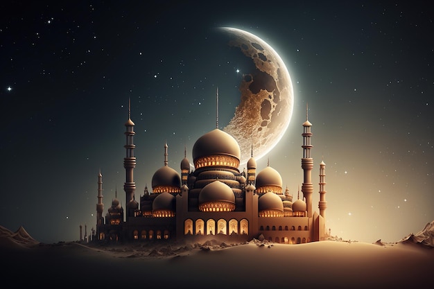 Un dipinto digitale di una moschea con la luna sullo sfondo.