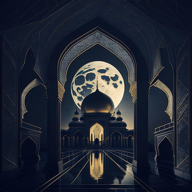 Un dipinto digitale di una moschea con una luna sullo sfondo.