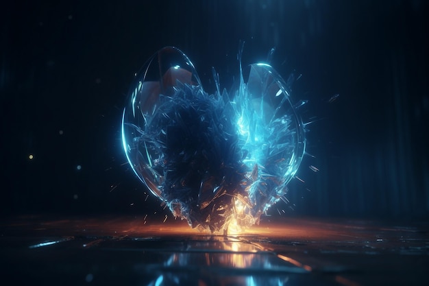 Un dipinto digitale di una palla di vetro con una fiamma blu e la parola fuoco su di essa
