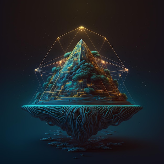 Un dipinto digitale di una piramide con sopra le parole "il cielo".