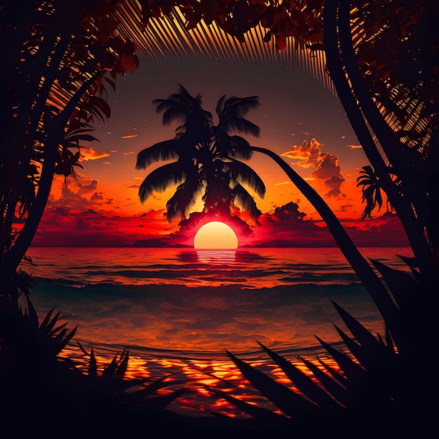 Un dipinto digitale di una spiaggia con una palma in primo piano