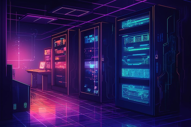 Un dipinto digitale di una stanza con molti server