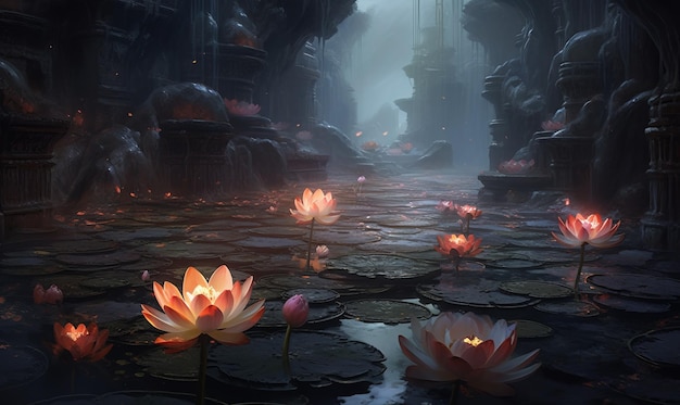 Un dipinto fantastico con un fiore di loto luminoso con la luce degli insetti di notte