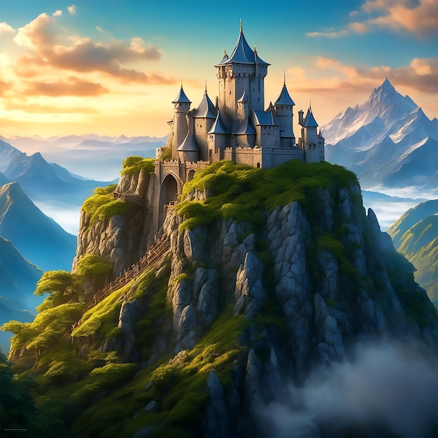 Un dipinto fantasy di un castello seduto sulla cima di un picco scosceso con un tono cinematografico Hd Uhd 4K