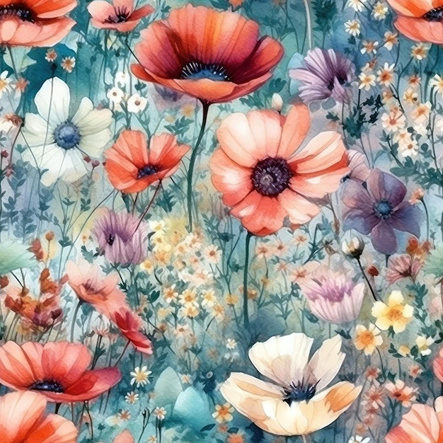 Un dipinto floreale colorato con un campo di fiori.