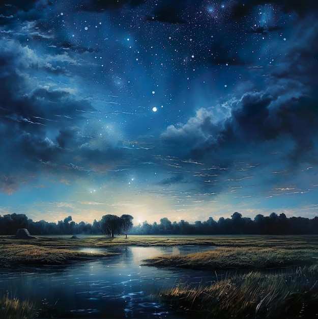 Un dipinto illustrativo di un fiume con un cielo pieno di stelle e un campo con un albero in primo piano