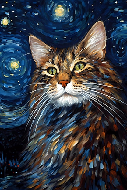 Un dipinto impressionista di un gatto maine coon in stile van gogh