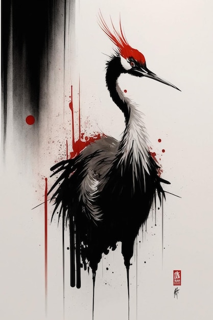 Un dipinto in bianco e nero di un uccello con segni rossi e neri.