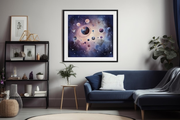 Un dipinto incorniciato di pianeti e stelle su un muro