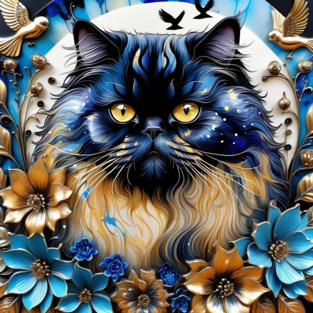 Un dipinto molto dettagliato di un gatto persiano vivido con fiori e uccelli intorno