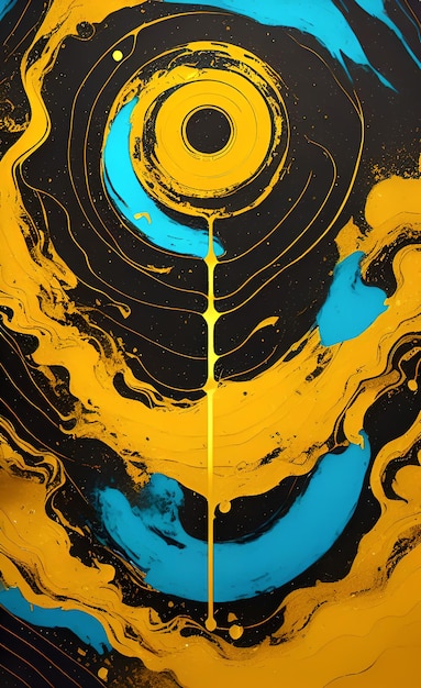 Un dipinto nero e giallo con un vortice blu e giallo.