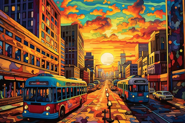 un dipinto pop art di un vivace paesaggio urbano all'alba generato dall'intelligenza artificiale