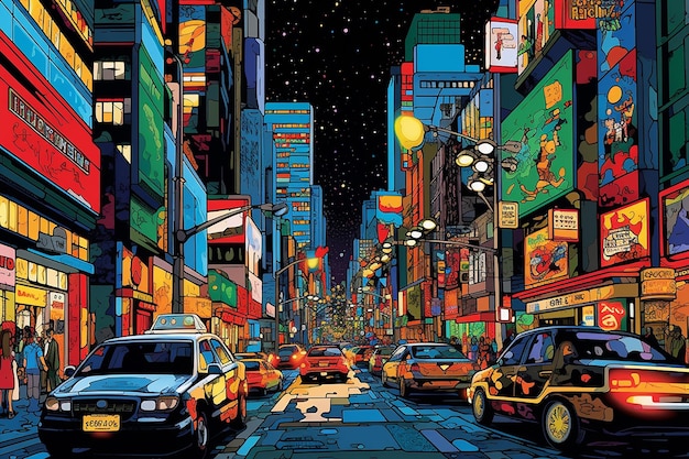 un dipinto pop art di una vivace strada cittadina di notte generata dall'intelligenza artificiale