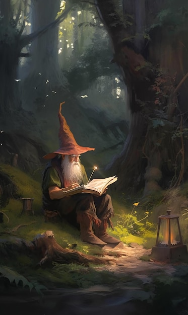 Un dipinto raffigurante un vecchio mago con un berretto seduto nella foresta e che legge un libro di generazione AI