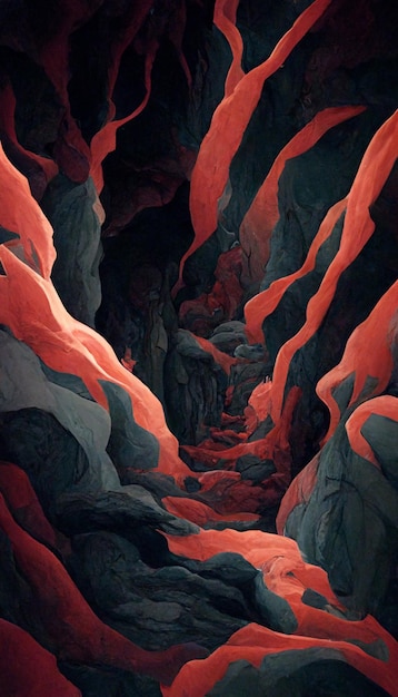 Un dipinto rosso e nero di una montagna con uno sfondo rosso e nero.