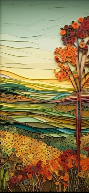 Un dipinto su vetro colorato di un albero con fiori d'arancio.
