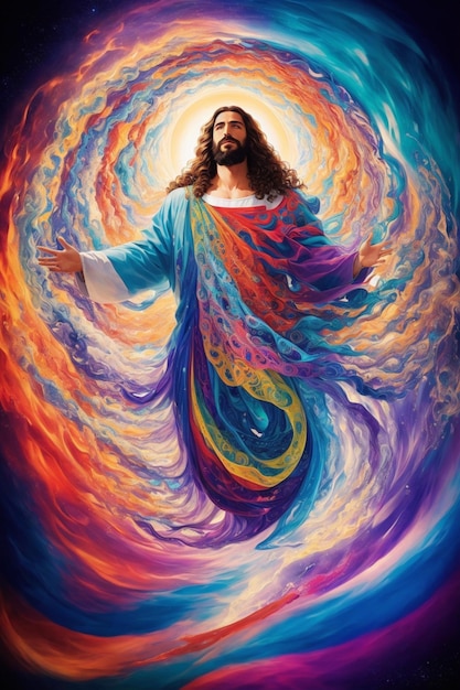 Un dipinto surrealista di Gesù Cristo circondato da un vortice vorticoso di colori vibranti