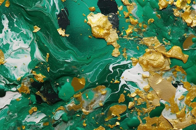 Un dipinto verde e oro con vernice dorata sopra.