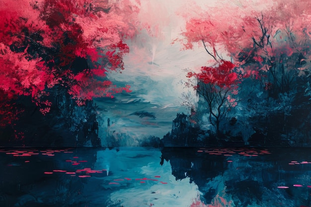 Un dipinto vibrante che mostra una scena di alberi, acqua e foglie rosse raffigura il caos e la tranquillità con colori contrastanti generati dall'AI