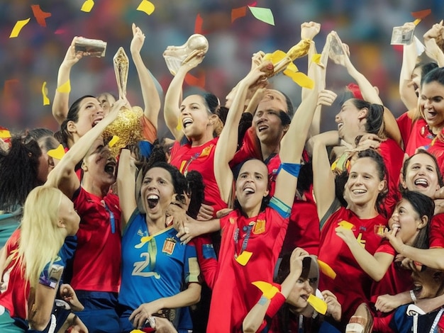 Un dipinto vibrante della nazionale di calcio femminile spagnola nei momenti di vittoria