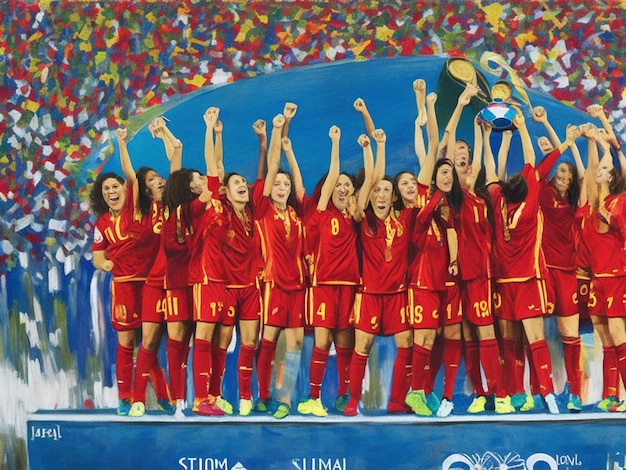 Un dipinto vibrante della nazionale di calcio femminile spagnola nei momenti felici della vittoria